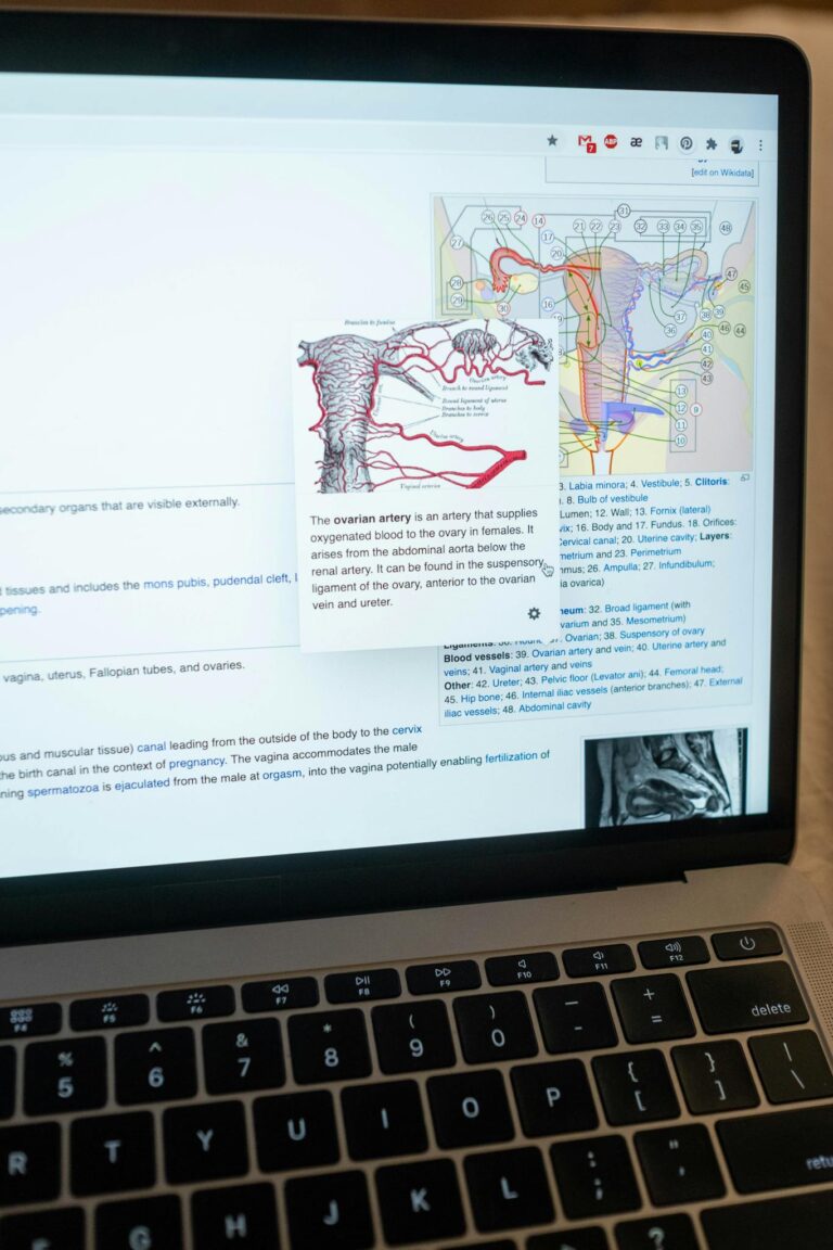 Close-up of a laptop screen illustrating anatomical diagrams and research material.